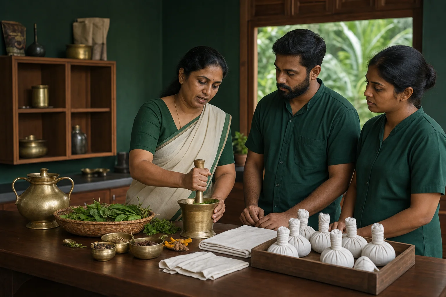 An Ayurvedic physician demonstrating Kizhi preparation to two trainees