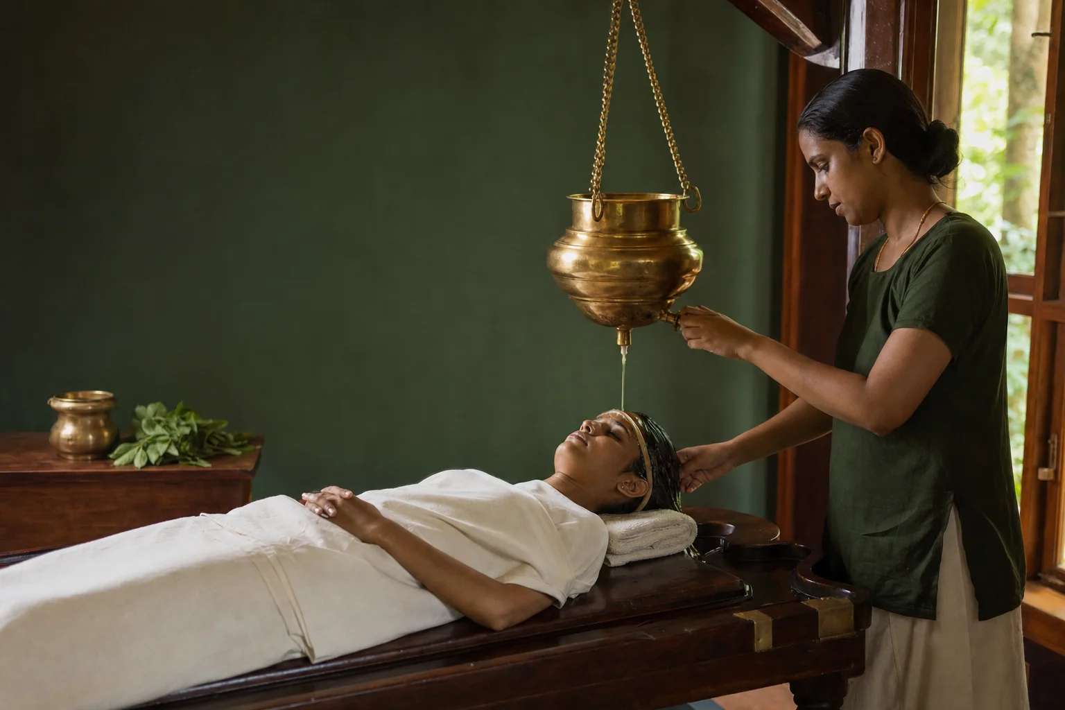 A therapist administering Shirodhara from a traditional brass vessel