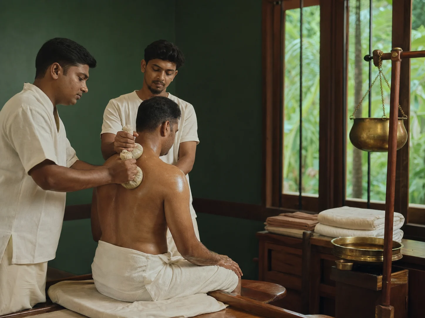 Two Ayurvedic therapists applying warm Kizhi poultices during treatment