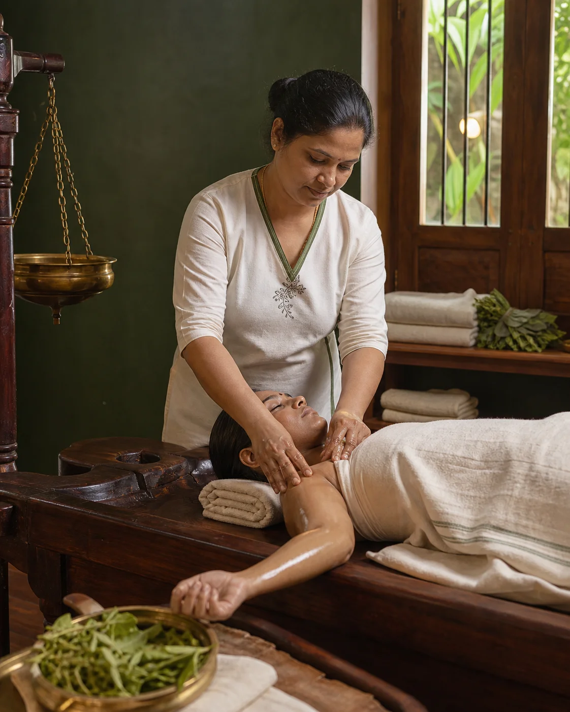 A therapist performing Abhyanga on a patient in a traditional treatment room
