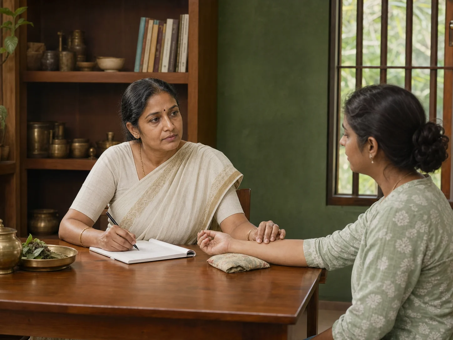 An Ayurvedic physician listening to a patient while reading her pulse